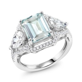 Gem Stone King 3.89 Cttw Sky Blue Simulated Aquamarine Ring For Women In 925 Sterling Silver | Emerald Cut 10X8MM | Available In Size 5, 6, 7, 8, 9