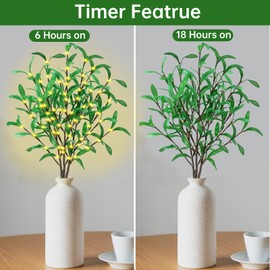 FastDeng Lighted Branches for Vases - 30 Inch Lighted Olive Branches with 60 LED Lights, 120 Leaves, Timer Battery Operated, Prelit Olive Artificial Branches for Decoration Indoor