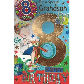 "Express Yourself" Birthday Card for Grandson Age 8 - Includes Badge and Envelope - Animated Little Boy Riding His Bicycle