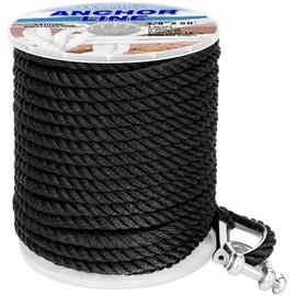 Boat Anchor Line 3 Strand Anchor Rope Black White Grey 3/8 Inch 50FT 100FT 150FT with Stainless Steel Thimble and Shackle for Boat (3/8" x50' Black)