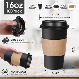 Ginkgo 100 Pack Disposable Coffee Cups with Lids and Sleeves 16 oz, To Go Black Paper Hot Drinks Cups for Home, Cafes and Coffee bar Accessories