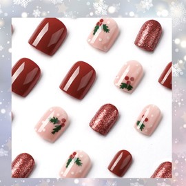 Christmas False Nails, Acrylic Stick on Nails, 24pcs Maggidea Short Press On Nails Ballet Red Fake Nails with Glue Sticker for Women and Girls Gift (Glitter Leaf)
