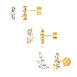 Angelady - Juego de aretes planos para mujer, plata de ley con espalda plana, aretes hipoalergénicos, delicados aretes de cartílago dorado para mujer, 3 pares, Medio, Latón, Sin piedra preciosa