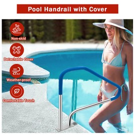 Pool Handrail, 49.4"x34" Pool Railings for Inground Pools, Swimming Pool Safety Handrails 375lbs Load Capacity, 304 Stainless Steel Pool Stair Rail with Grip Cover, Quick Mount Base Plate