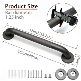 Rackickyer Shower Grab Bar, 2 Pack 16 Inch Gray Bathroom Grab Bar, 1.25" Diameter 304 Stainless Steel Anti-Slip Grab Bars for Bathtubs and Showers, Handicap Shower Grab Bar for Seniors Elderly