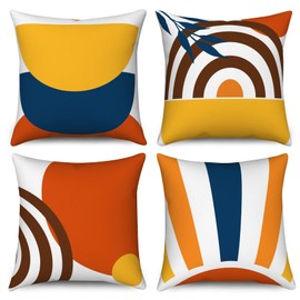 Boho Cushion Cover, 45 x 45 cm, Set of 4, Hnmdmyi Mid Century Abstract Leaf Rainbow Decorative Cushion Covers, Burnt Orange, Modern Geometric Minimalist Linen Cushion Cover for Sofa, Couch, Home Decor