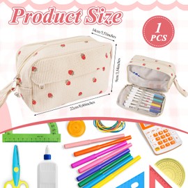 Vylro Pencil Case with Large Capacity, 22 x 14 x 9 cm Strawberry Pattern Pencil Case, Pencil Case Corduroy Fabric Girls Pencil Case Cord for Work, School, Travel, Parties, Business Tri