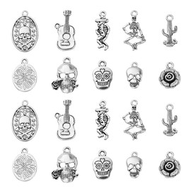 Ipotkitt 100Pcs 10 Style Mexican Day of The Dead Skull & Flower & Cactus Tibetan Style Alloy Charm Pendants for DIY Jewelry Making - 17~25x9~17mm