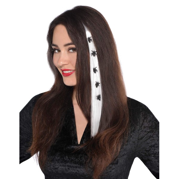 Amscan 842284-55 - Hair Extension with Spiders, Hairpiece, White Hair Strands on Clip, Clip-in Extension, Spider Lady, Witch, Vampire, Bat, Gothic, Halloween, Carnival, Theme Party