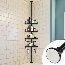 Corner Shower Caddy Tension Pole, Rustproof Bathtub Storage Organizer with 4 Adjustable Shelves, Bathroom Shower Rack Shampoo Holders for Inside Shower, 40"-120" Floor to Ceiling Shower Caddy Black