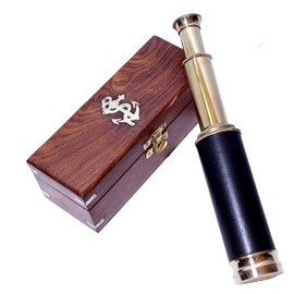 Vintage Marine Ship Telescope with Brown Anchor Wooden Box Home Decorative Nautical Antique Spyglass, 16'' inch (Telescope with Cap)