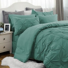 7 Piece Bed in Bag All Seasons Fluffy Comforter Set King Size | Pretty Pintuck Pinch Pleat Geometric Pattern Shabby Chic Bedding | Greyish Teal Green Color Soft Plush Cozy Feel Farmhouse Look