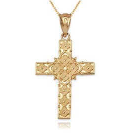 10K Yellow Gold Floral Cross Pendant Necklace (16" Necklace)