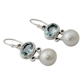 NOVICA Handmade Cultured Freshwater Pearls Blue Topaz Dangle Earrings .925 Sterling Silver White India Birthstone [1.6 in L x 0.4 in W x 0.4 in D] 'Dazzling Delhi'