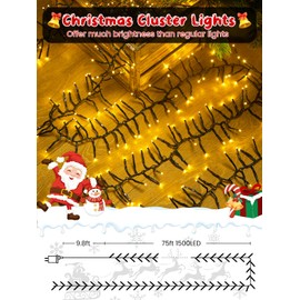 75FT 1500 LED Christmas Cluster Lights, Firecracker String Lights with Remote & 8 Modes & Timer, Waterproof Fairy Twinkle Light Plug in for Indoor Outdoor Party Garden Xmas Tree Decoration, Warm White