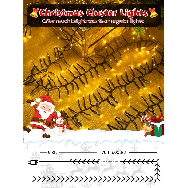 75FT 1500 LED Christmas Cluster Lights, Firecracker String Lights with