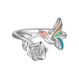 Adjustable Hummingbird Ring for Women - 925 Sterling Silver Elegant Flower Rose Open Ring - Cute Animal Wrap Promise Ring - Jewelry Gift for Girlfriend FR0094W