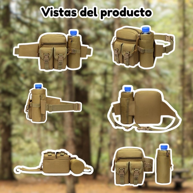 Mochila Cangurera Táctica Militar Caqui para Cintura con Porta Botella,