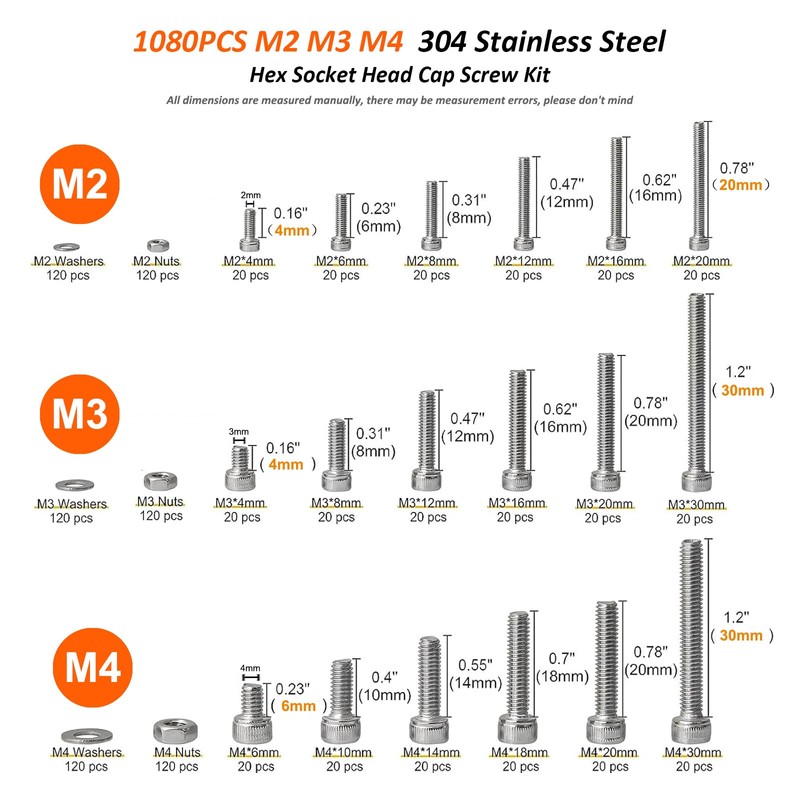 FullFun 1080PCS M2 M3 M4 Hex Socket Head Cap Screw