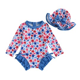 Toddler Baby Girl One-Piece Rash Guard Swimsuit 4th of July Swimwear Long Sleeve Zipper Ruffle Bathing Suit with Hat (B-Red, 12-18 Months)