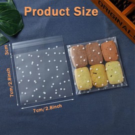 200 Pcs Clear Cellophane Bags, Cookie Bags Thickened Self Seal Cellophane Bags White Polka Dot Packaging Bag Plastic Small Sweet Bags for Bakery, Cookie, Candies, Gift (7 X 7+3cm)