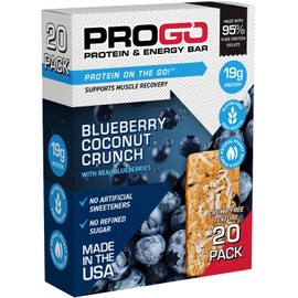 ProGo Protein Bars, Low Sugar, High Protein (19g) - 95% Pure Isolate for Faster Muscle Growth, Collagen for Recovery, Low Calorie, Sweetened w/Peanut Butter & Honey(20-Count, Blueberry Coconut)
