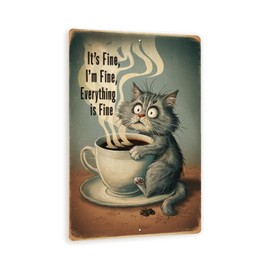 8x12 Funny Cat Coffee Sign - 'It's Fine, I'm Fine, Everything is Fine' - Vintage-Style Humorous Wall Decor