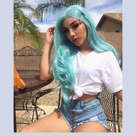 26 Inch Mint Blue Lace Front Wig Long Wavy Baby Blue for Women Party Queen Wig