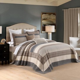 EWlinens Oversized Queen Bedspread Set 120"x102" - 100% Cotton Extra Large Quilts Quenn Size, Farmhouse Patchwork Striped Plaid Bedspreads with 2 Pillow Shams, All Season, Dark Brown/Beige/Gray