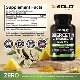 Quercetin + Bromelain 1,300mg – Quercetin: 95% - Highly Purified and Highly Bioavailable Plus Bromelain 2,400 GDU/g - Made in USA | 120 Caps