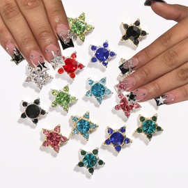 16Pcs Five-Pointed Star Nail Art Accessories for Kit - 3D Alloy Colorful Star Nail Charms Shiny Starlight Nail Gems Nail Rhinestones Pentagram Nail Crystal Nail Supplies for Women Nail Jewelry Crafts