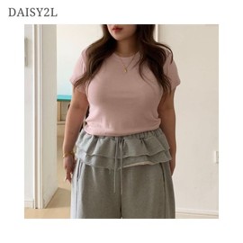 DAISY2L Essential Semi-Crop Soft Stretch Round Neck T-Shirt 1ea, Color#$%Size:Gray-One Size