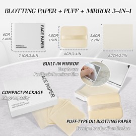 BOROLA 3-in-1 Oil Blotting Paper Set for Face 100 Sheets Oil Absorbing Sheets with Portable Mirror & Adhesive Makeup Puff, Blotting Papers for Oily Skin, Design for Men & Women(White)