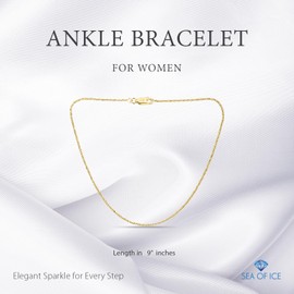 SEA OF ICE Yellow Gold Sterling Silver Sparkle Rock Chain Anklet for Women, 2mm Anklet size 9" women anklet jewelry