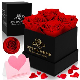 TEGOVE Rose Box, 4 Preserved Roses, Infinity Roses Eternal Rose, Eternal Rose Box, with Greeting Card, Gifts for Women for Valentine's Day, Mother's Day, Birthday, Wedding Day, Christmas