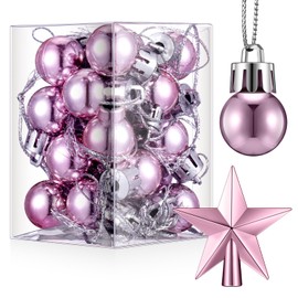 RoundFunny 25 Pcs Christmas Balls Ornaments Set Mini Tree Decoration 0. 79 Inch Christmas Ball Tree Topper Star Hanging Ornaments for Party Decoration(Pink)