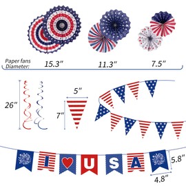 UOUYOO Patriotic decorations Party Fourth of July decor red white blue decorations Includes 4th of july Banner Paper Fans Star Streamer