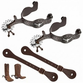 2 Pack Western Cowboy Spurs Paired with 2 Pcs 6 Holes Belt, Brown, Bull