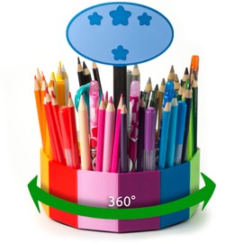 KAJAWIS Rotating Organiser for Colouring Pencils, Desk Organiser for Children, Eco Pen Holder, 360 Degrees, Size XL (Blue Star)