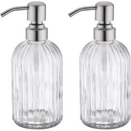 2-Pack 16 oz Glass Soap Dispenser, Premium Refillable Glass Hand Soap Dispensers,Rust-Proof Stainless Steel Pumps,Vertical Stripe Design,Ideal for Kitchen & Bathroom