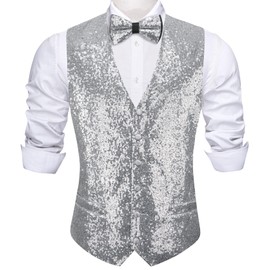 Barry.Wang Mens Sequins Vest Set V-neck Shiny Waistcoat Bowtie Set Prom Party Tuxedo Wedding for Men Dress Suit Vest S-3XL