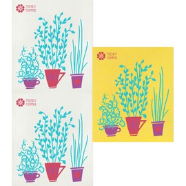 Trendy Tripper Earth-Friendly Reusable Compostable Eco Sponge Cloth | AKA Swedish Dishcloth | Bespoke Herbs in Flower Pots (3 Turquoise/Red/Purple: 2 on Natural/1 on Yellow)