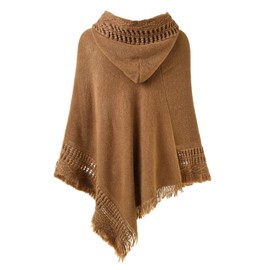 Ferand Women's Hooded Poncho with Crochet Cape with Fringe Hem for Autumn Winter, Camel
