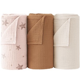 Bearmoss Muslin Swaddle Blankets 3 Pack Cotton Newborn Receiving Blanket, Large 38 x 40 inches, Soft Breathable Baby Swaddles for Boys & Girls (Pink Pentagram)
