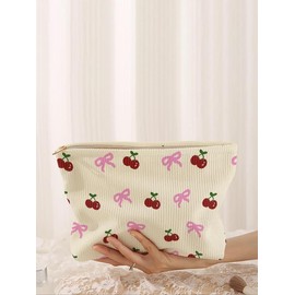 Red Cherry & Bow Pattern Makeup Bag, Pouch, Purse Women, Lightweight Multi-functional Fashion Compact Makeup Bag, Casual Travel Makeup Bag, Suitable for Leisure Travel and Various Occasions, Vintage Chic Casual Zipper Purse:_Cream_one-size