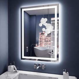 Amorho LED Mirror for Bathroom 28X20 Inch with Backlight and Front Lit, Fogless Mirror for Wall Mounted, Dimmable, 3 Colors, Memory