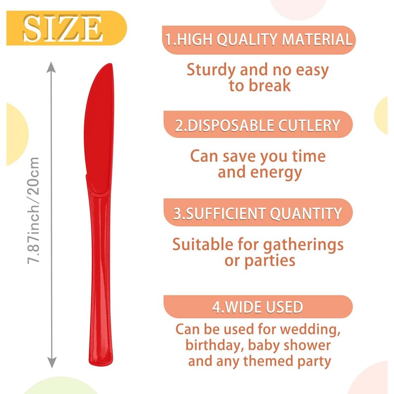 50 PCS Red Plastic Knives Disposable Utensils Heavy Duty Red