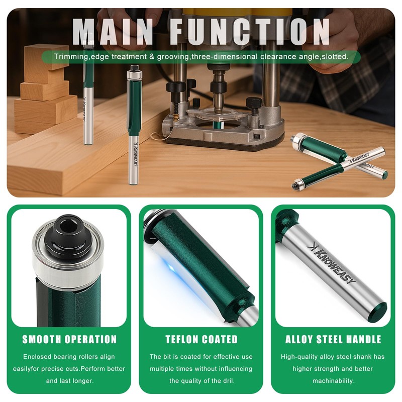 Knoweasy Professional Flush Trim Router Bit Set with 1/4 Inch