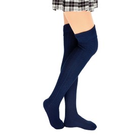 Joyingtwo Womens Girls Winter Spring Plus Size Over Knee Leg Warmer Knit Crochet Thigh Boot Socks Leggings, Navy Blue