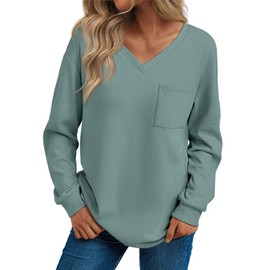 Trendy Queen Womens Long Sleeve Tops V Neck Oversized Sweatshirts Casual Shirts Fall Fashion Winter Clothes with Pocket 2024 Light Green S
